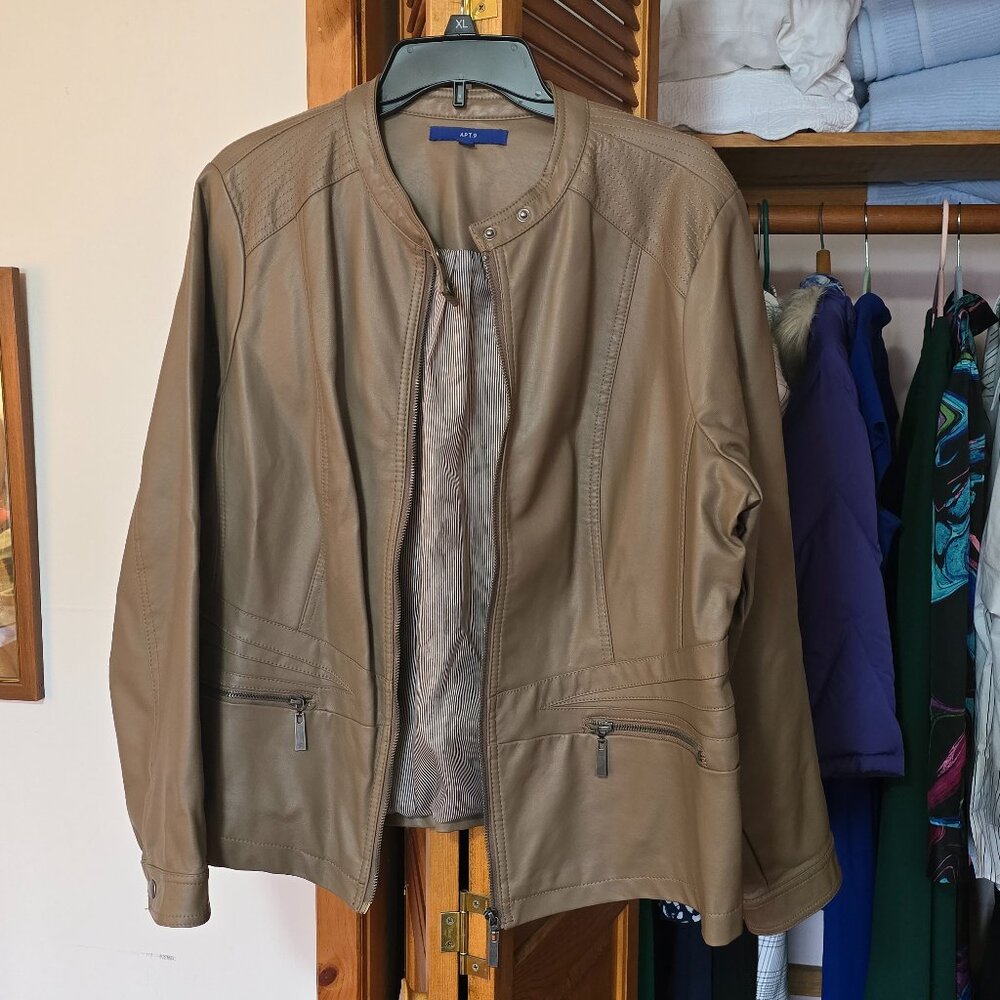 Tailored Taupe Faux Vegan Leather Zip Front Jacket Plus Size 1X